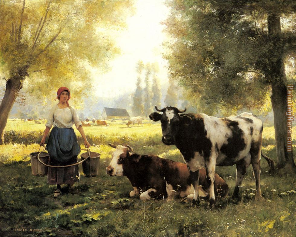 A Milkmaid with her Cows on a Summer Day painting - Julien Dupre A Milkmaid with her Cows on a Summer Day art painting
